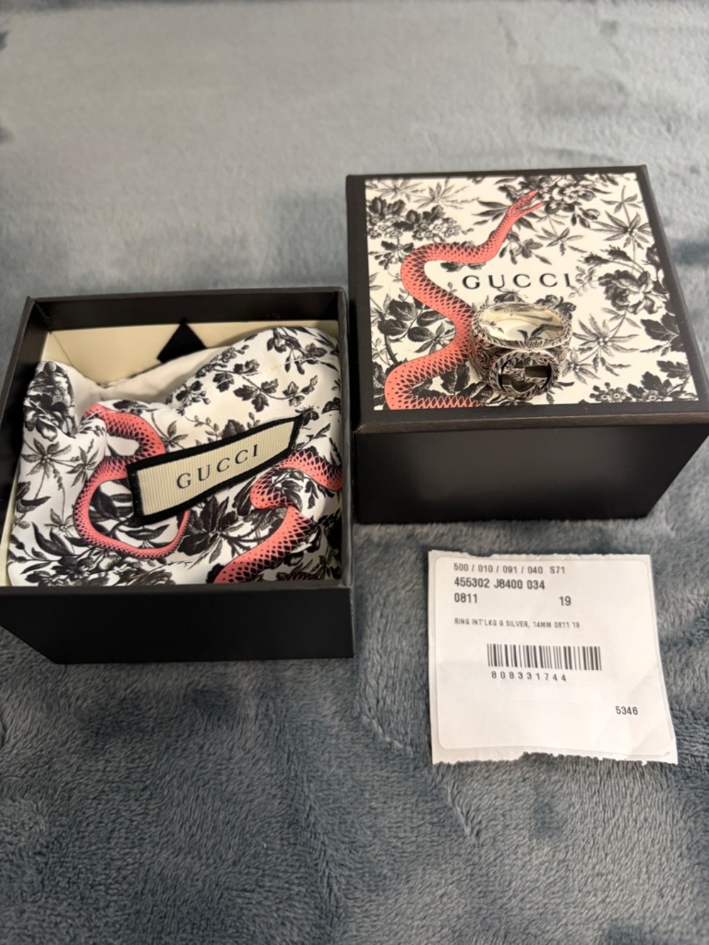 Brand New Gucci Interlocking G Arabesque Silver 925 Ring Sz 19 (US 8.75) - Picture 9 of 10
